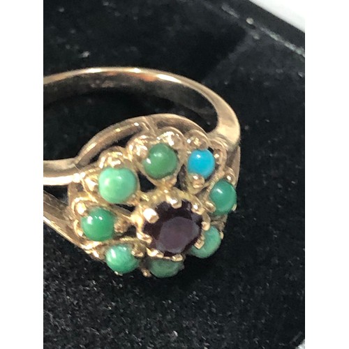 166 - 9ct gold turquoise and garnet ring replacement stone