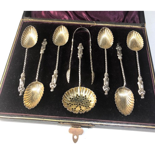 6 - Antique boxed set of apostle tae spoons sugar tongues and shifter spoon Birmingham silver hallmarks