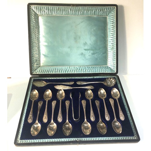 1 - Antique boxed set of 12 teaspoons and serving spoons Sheffield silver hallmarks makers walker & hall