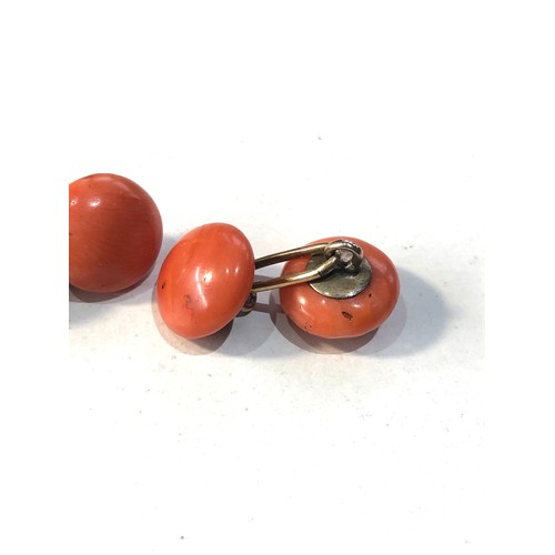 226 - Antique 9ct gold and coral cufflinks each corla bead measures approx 1.1cm dia marks and surface cra... 