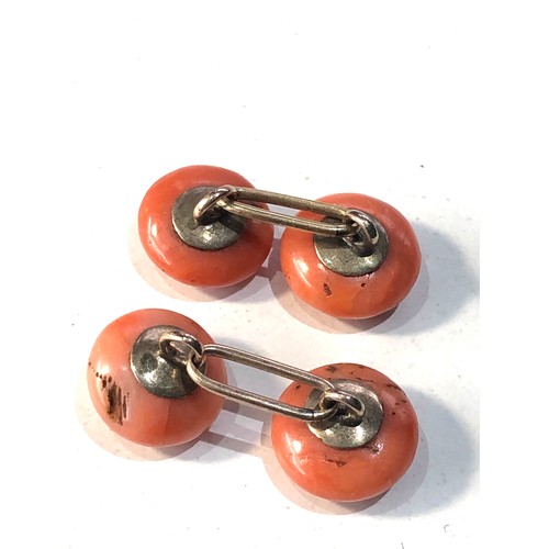 226 - Antique 9ct gold and coral cufflinks each corla bead measures approx 1.1cm dia marks and surface cra... 