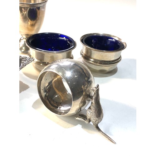 40 - Selection of silver items included pair silver salts egg cup small sweet dish and kangaroo napkin ri... 