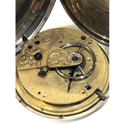 341 - Antique silver full hunter cased fusee pocket watch j harris manchester  balance will spin does tick... 