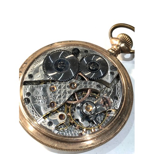 343 - Antique gold plated cased waltham pocket watch  balance will spin fully wound  but sold as parts spa... 