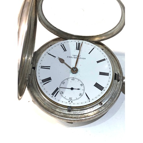 348 - Antique silver full hunter cased Star English lever pocket watch balance will spin does not tick  so... 