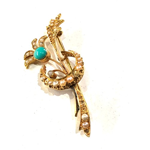 231 - Antique 15ct gold Turquoise and seed-pearl brooch weight 3.5g missing some small seed-pearls