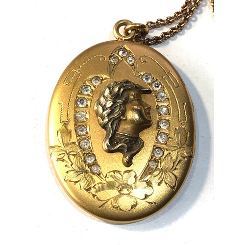 307 - Antique gold plated locket and chain stone set with cameo portrait front locket measures approx 4.5c... 