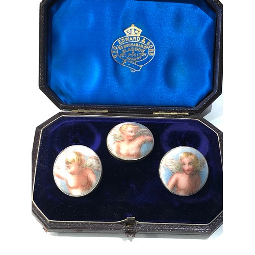 229 - Antique boxed George Edward and sons glasgow 3 of a set of 6 antique porcelain cherub buttons only 3... 