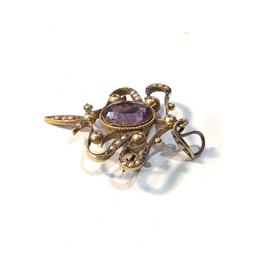 78 - 9ct gold ornate seed-pearl & amethyst  weight 4.5g measures approx drop 4.5cm by 3.2cm