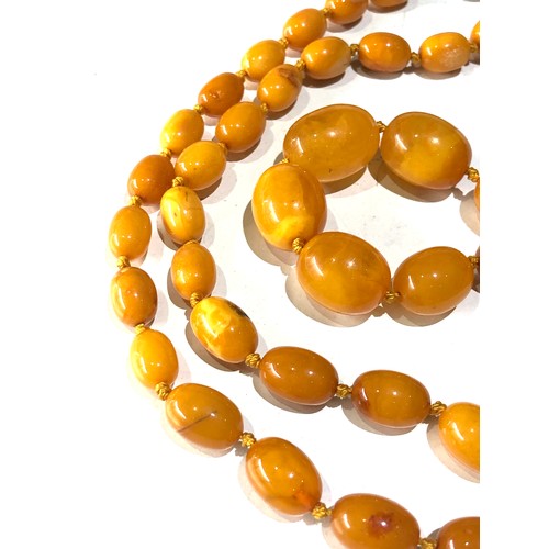 71 - Antique egg yolk amber bead necklace measures approx 80cm long graduated sized beads largest measure... 