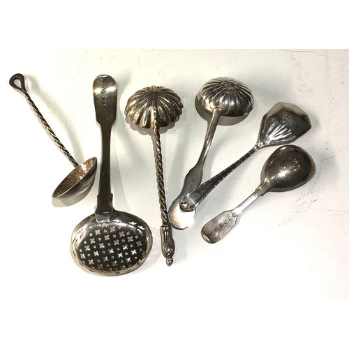 4 - selection of silver serving spoons includes Georgian silver tea caddy spoon weight 160g