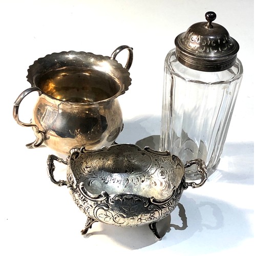 14 - Selection of silver items includes 2 silver bowls and a silver top shifter jar silver weigt 168g
