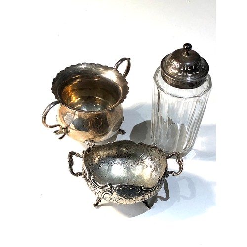 14 - Selection of silver items includes 2 silver bowls and a silver top shifter jar silver weigt 168g