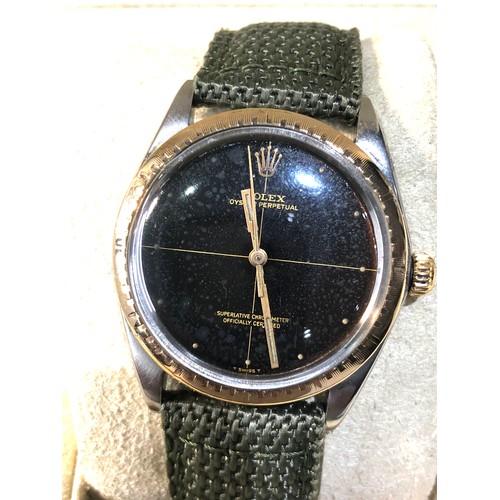 85 - 1968 / 1008 Rolex Oyster perpetual black face cross hair dial dot markers gents wristwatch boxed 157... 