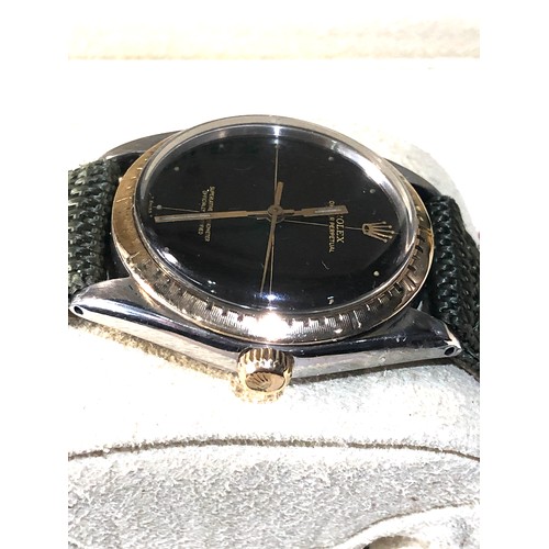 85 - 1968 / 1008 Rolex Oyster perpetual black face cross hair dial dot markers gents wristwatch boxed 157... 