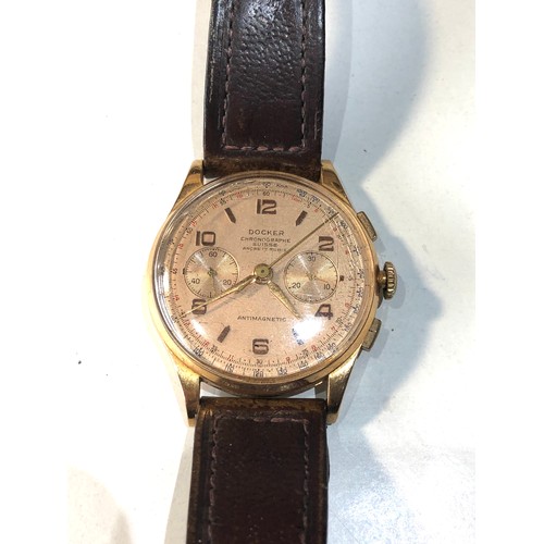 71 - Vintage 18ct gold Docker chronograph wristwatch in good working order and good used condition case m... 