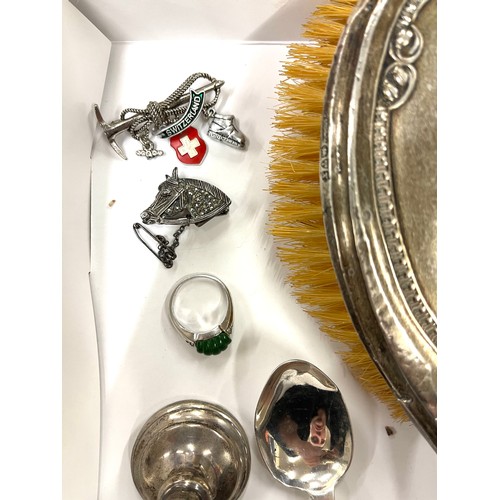 1 - Tray of silver items, includes spoon, brush etc