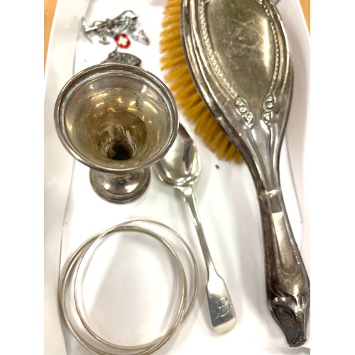 1 - Tray of silver items, includes spoon, brush etc