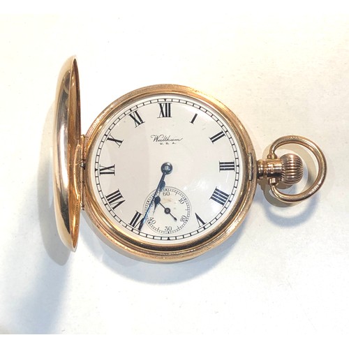 111 - Antique 9ct gold half hunter  waltham U.S.A pocket watch in good condition working order but no warr... 