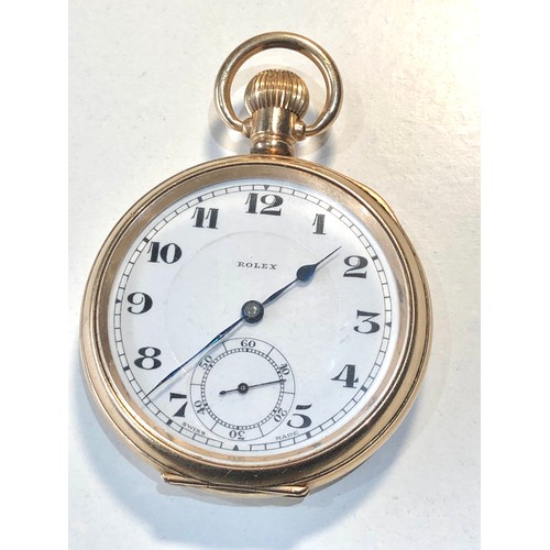 112 - Antique gold plated presentation open faced Rolex  pocket watch in good condition working order but ... 