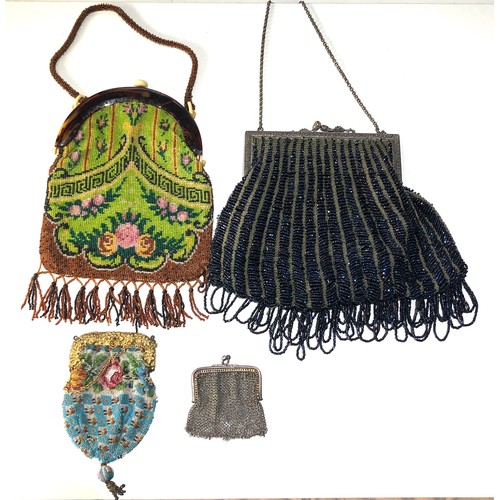 464 - 4 antique bags includes small silver coin bag and 3 bead work bags