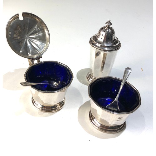 26 - Vintage silver and blue glass liner cruet et birmingham silver hallmarks with spoons