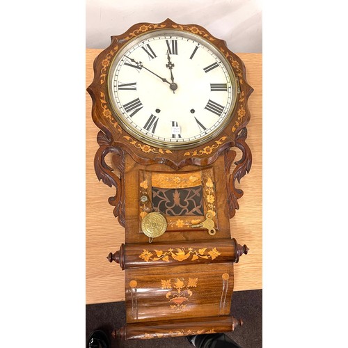 475 - Vintage inlaid wall hanging large face clock, untested