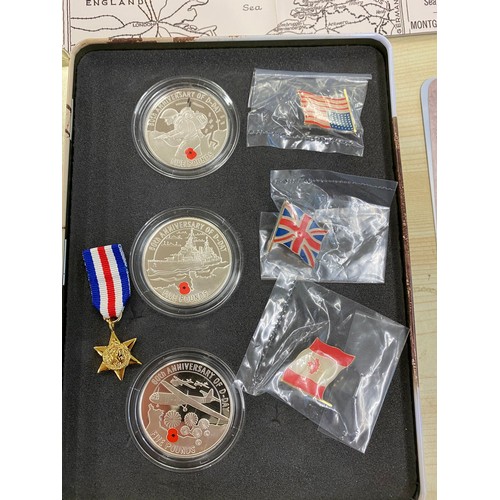 502 - Sterling silver proof D Day 60th Anniversary coin set with certificate of authenticity, 3 x £5 coins... 