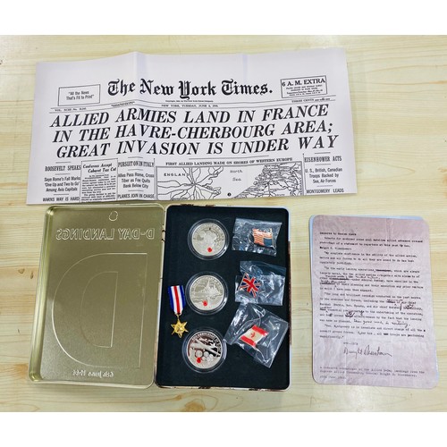 502 - Sterling silver proof D Day 60th Anniversary coin set with certificate of authenticity, 3 x £5 coins... 