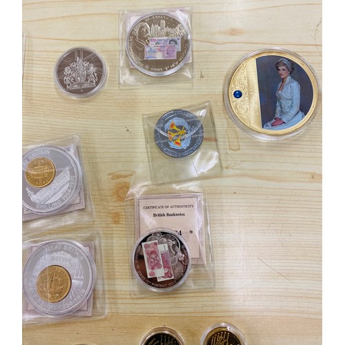 504 - 16 Gold and Silver plated coins, including  bank notes, pre decimal coins, Princess Diana