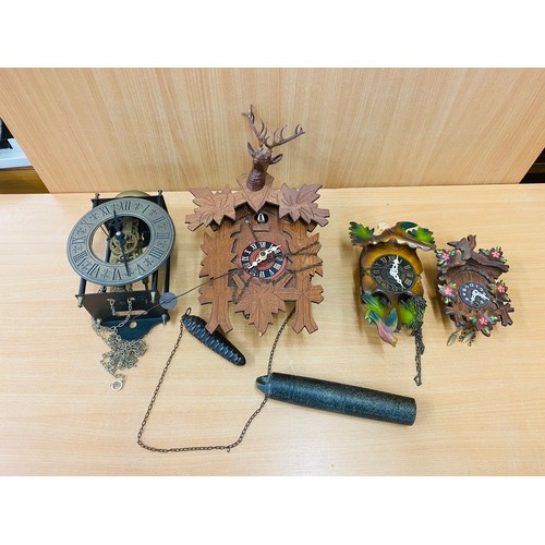 136 - Selection 3 Cuckoo clocks and a skeleton clock, all untested