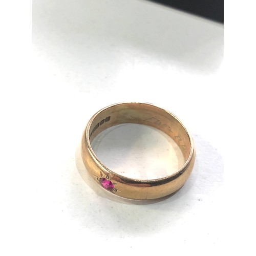 129 - Vintage 9ct gold band ruby ring engraved inside band weight 4.3g