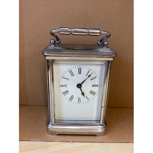 511 - Silver tone carriage clock with key, untested