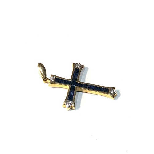 216 - 18ct gold sapphire & diamond cross pendant measures approx 3.5cm drop by 2.2cm wide weight 3.8g