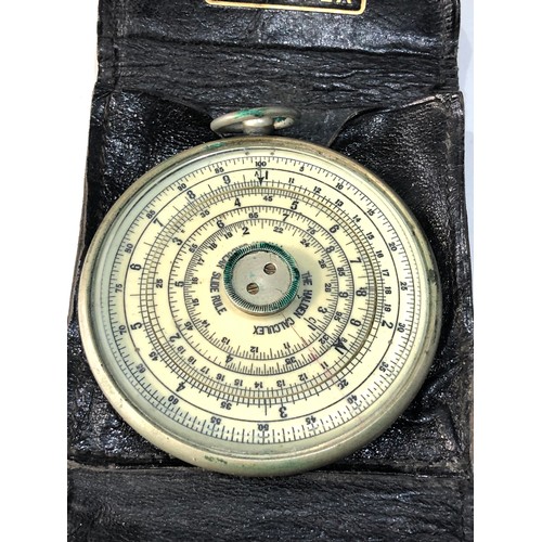 480 - Vintage Halden Calculex circular slide rule & original leather holder and booklet