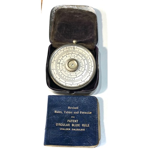 481 - Vintage Halden Calculex circular slide rule & original metal case and booklet