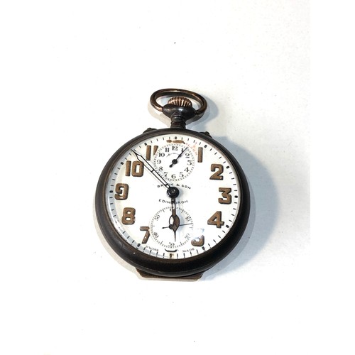 102 - Early Zenith military type alarm pocket watch by brook & sons Edinburgh gun metal case watch is tick... 