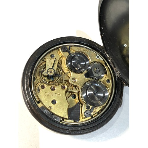 102 - Early Zenith military type alarm pocket watch by brook & sons Edinburgh gun metal case watch is tick... 