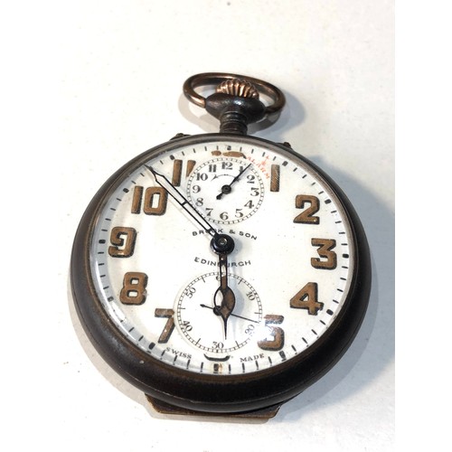 102 - Early Zenith military type alarm pocket watch by brook & sons Edinburgh gun metal case watch is tick... 