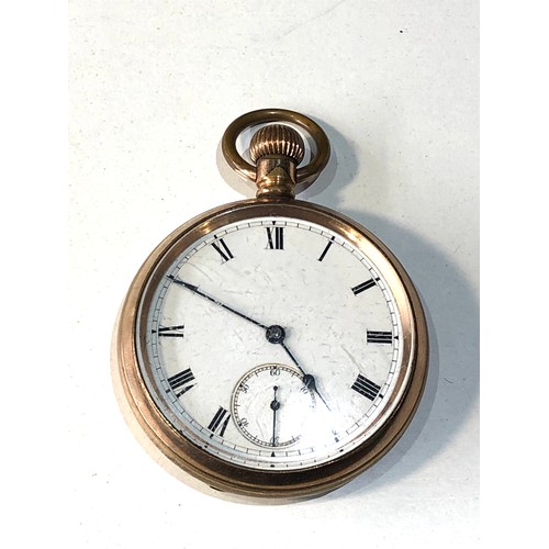 104 - Antique gold plated waltham traveler open face pocket watch  the watch does tick but no warranty giv... 