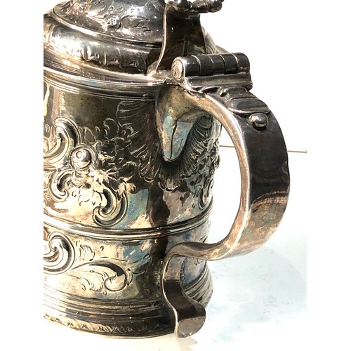 1 - Early 18th century lidded tankard measures approx 18cm tall  17cm wide weight 611g later engraved an... 