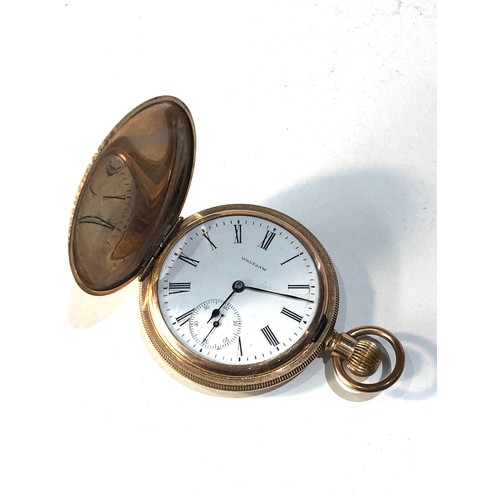 100 - Antique gold plated full hunter waltham pocket watch watch is ticking but no warranty given good ove... 