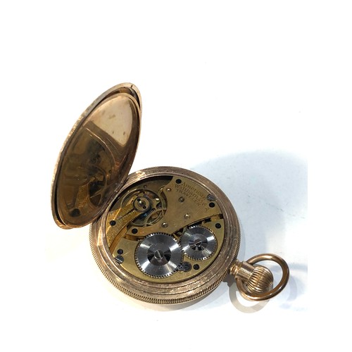 100 - Antique gold plated full hunter waltham pocket watch watch is ticking but no warranty given good ove... 