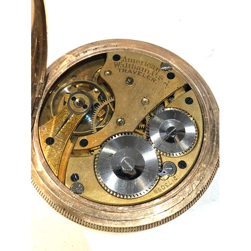 100 - Antique gold plated full hunter waltham pocket watch watch is ticking but no warranty given good ove... 