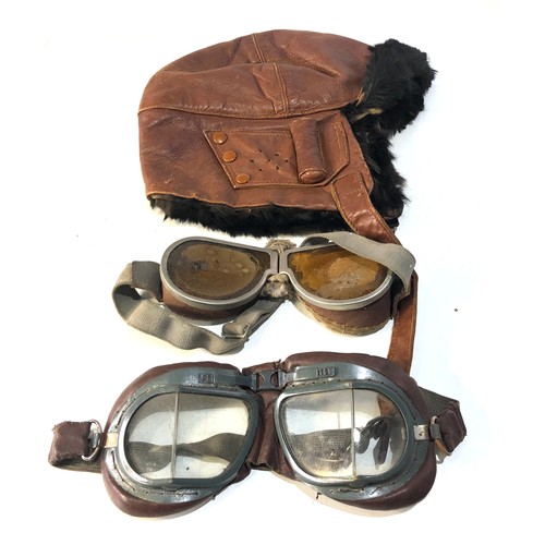 493 - 3 vintage Flying / motorcycle leather helmet and goggles