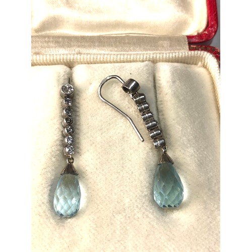 330 - Fine platinum diamond drop and aquamarine earrings each measures approx 34mm drop faceted aquamarine... 