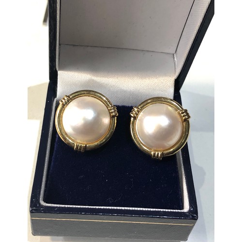 334 - Fine Vintage large Mabe Pearl Earrings each measures approx 14mm diameter  gold clip on backs earrin... 