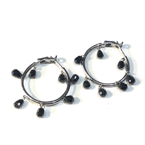 336 - White gold black diamond drop earrings measure approx 2.7 by 2.5 cm dia each set with 7 dangly black... 