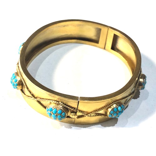 337 - Beautiful Antique 18ct Gold & Turquoise Bangle / Bracelet rope twist design set with panels of turqu... 