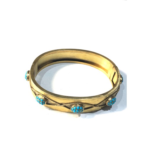 337 - Beautiful Antique 18ct Gold & Turquoise Bangle / Bracelet rope twist design set with panels of turqu... 